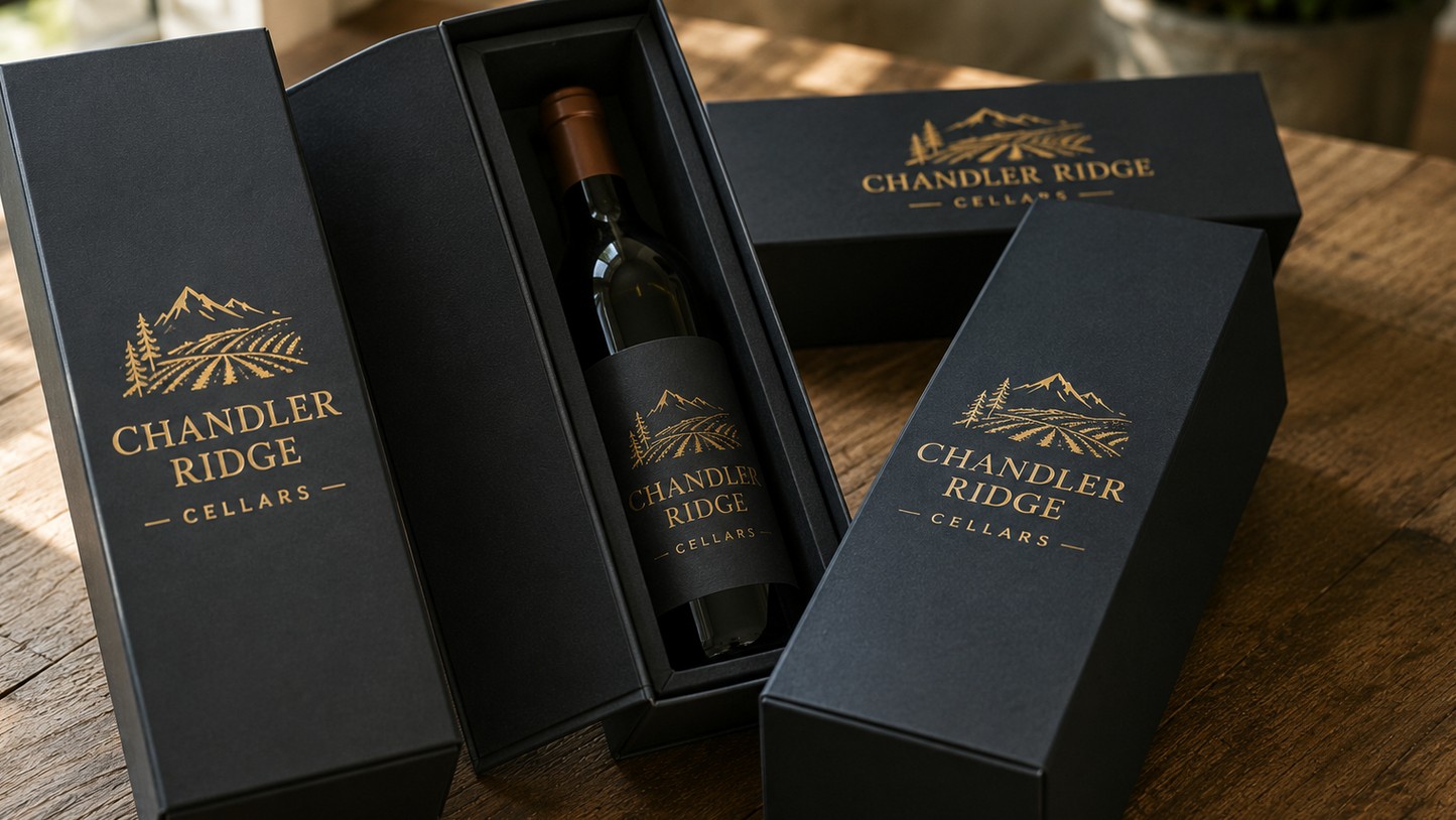 Custom printed bottle boxes with logo on a packing table