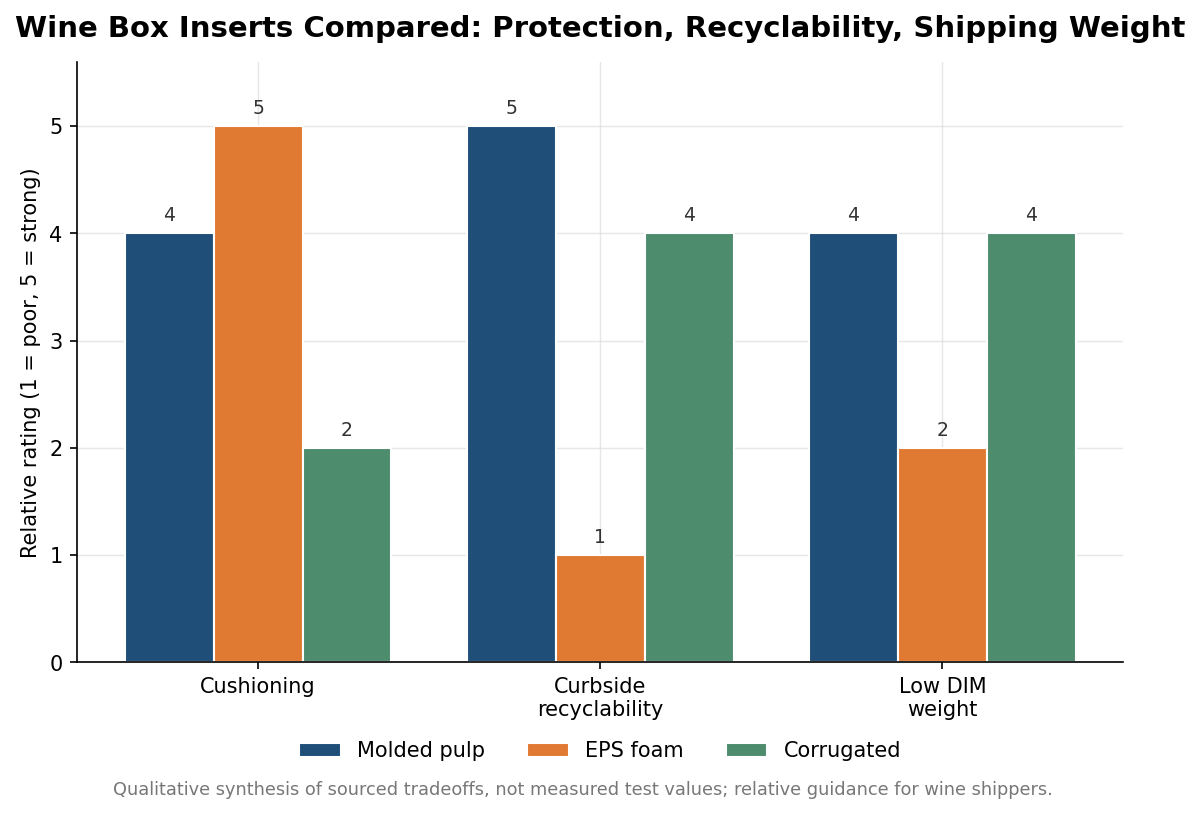 Grouped bar chart comparing molded pulp, EPS foam, and corrugated wine box inserts on cushioning, recyclability, and shipping weight