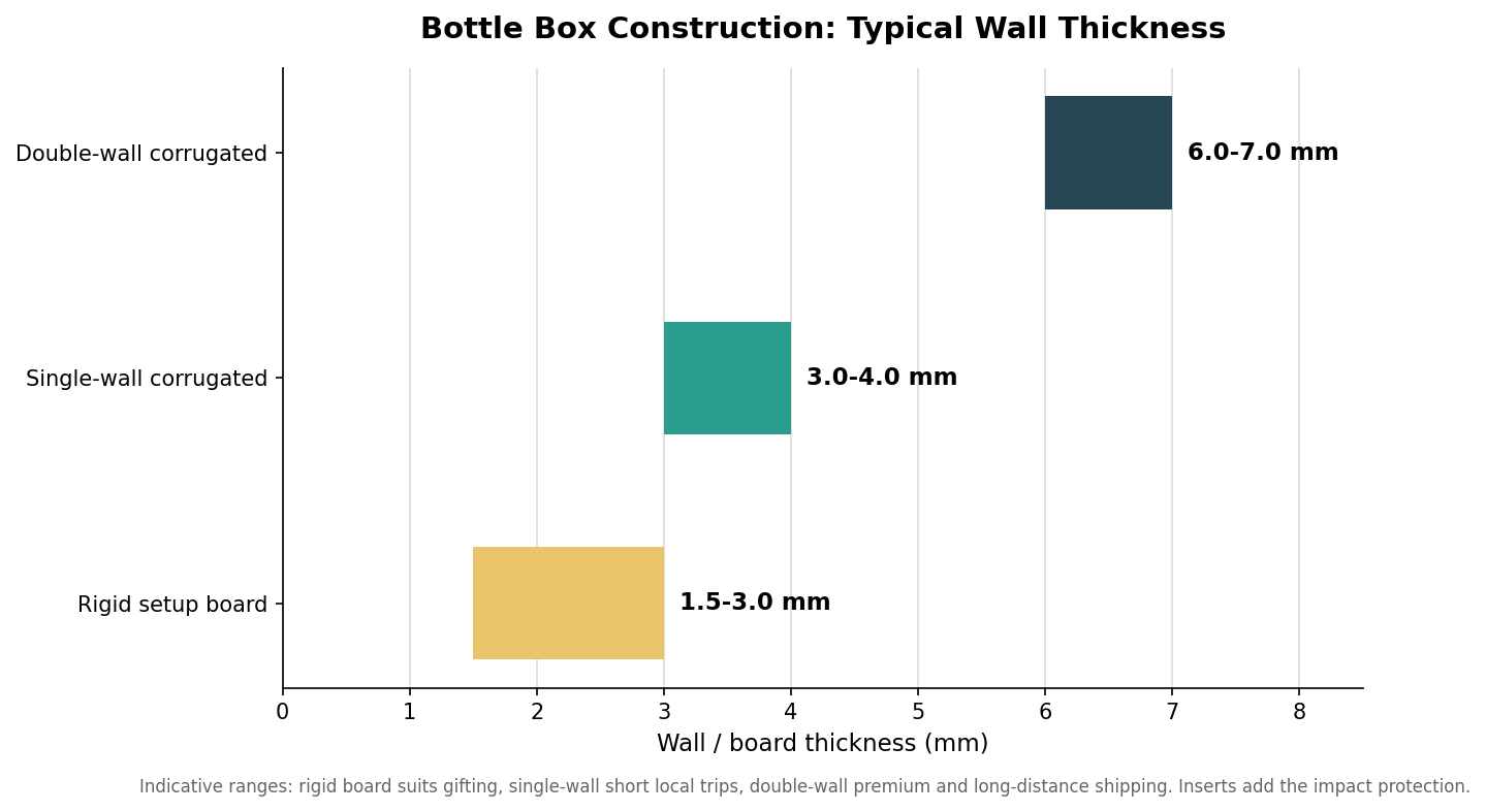 Range chart of typical wall thickness in millimeters for rigid setup board, single-wall and double-wall corrugated bottle boxes